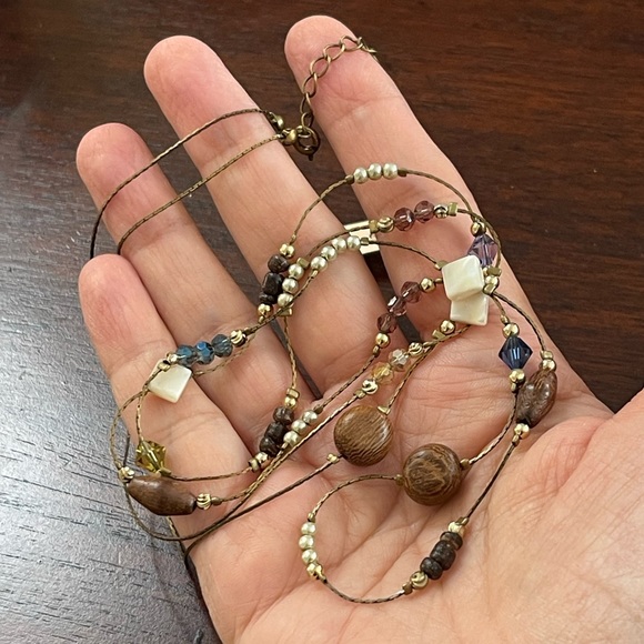 Japanese multi gem & wood antiqued brass long necklace - Picture 3 of 10